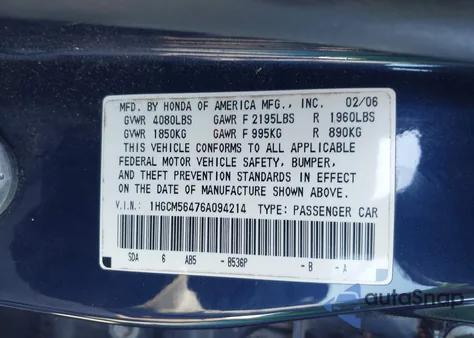 2006 Honda Accord 2.4 Lx from USA, damaged, VIN 1HGCM56476A094214